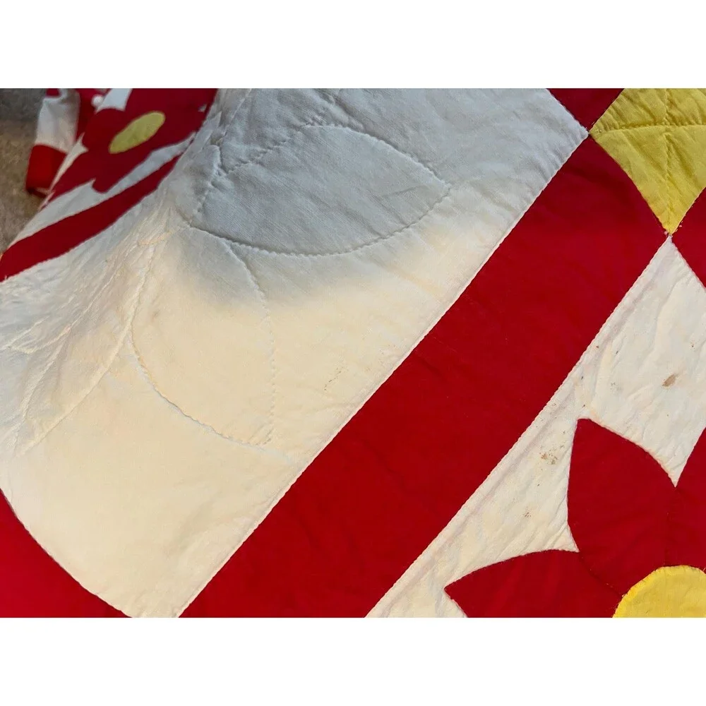 Vintage Red and White Sunflower Quilt